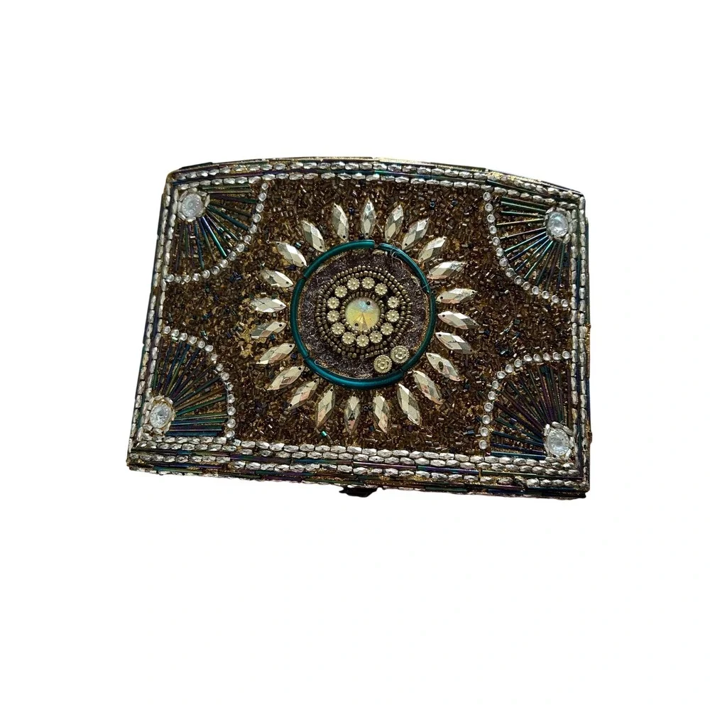 Beaded Jewelry Box Sunburst Rhinestone Embellished Bronze Gold Teal